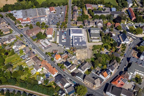 Aerial view, shopping area Ahlener Straße - Amtsstraße - kleine Amtsstraße, Aldi, Rewe, secondary