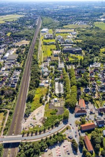 Aerial view, railway line Heessen direction Hamm, bridge over the railway line Dasbecker Weg,