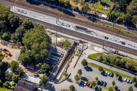 Aerial view, construction site reconstruction Hamm-Heessen station, Heessen, Hamm, Ruhr area, North