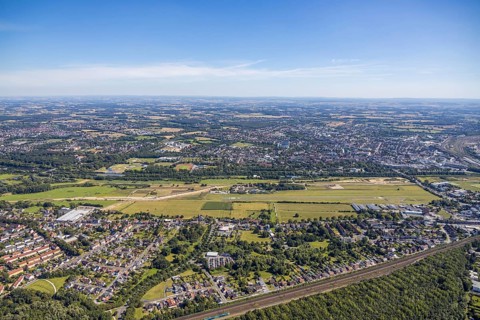 Aerial view, overview from Heessen over city centre, Lippe meadows, Lippe reconstruction, airfield