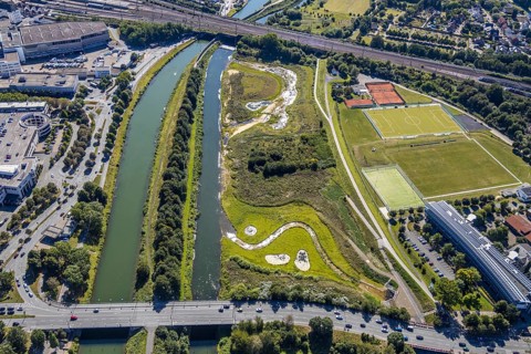 Aerial view, construction site Lippe floodplain, construction site water sports centre, sports