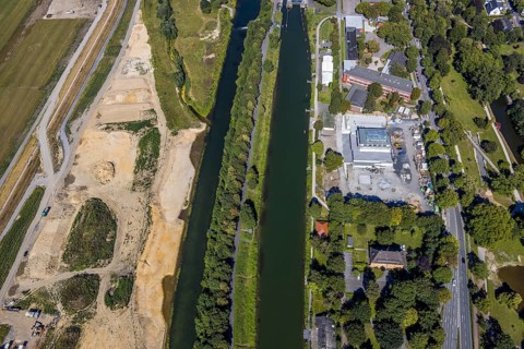 Aerial view, construction site Lippe floodplain, construction site water sports centre,