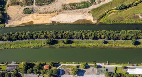 Aerial view, construction site Lippe floodplain, construction site water sports centre,