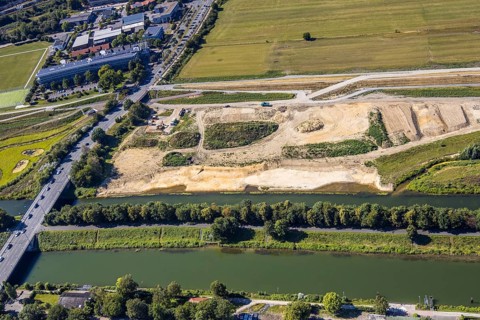 Aerial view, construction site Lippe floodplain, construction site water sports centre,