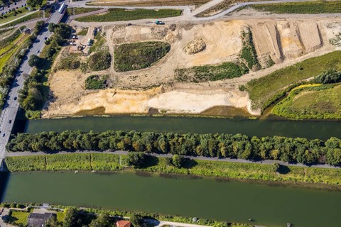 Aerial view, construction site Lippe floodplain, construction site water sports centre,