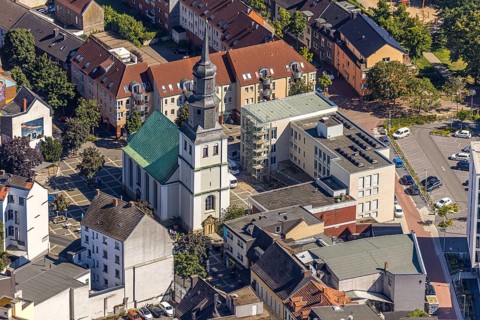 Aerial view, renovated protestant youth church Martin-Luther, new building flats Südenwall, Hamm,