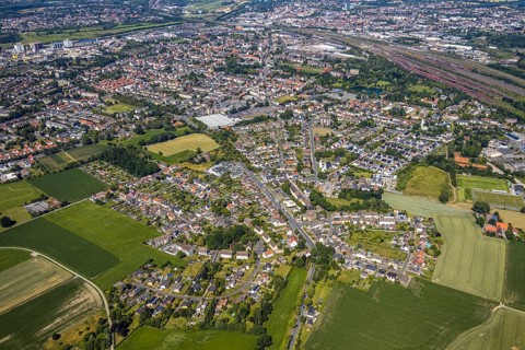 Aerial view, overview Hamm-Westen, Lohauserholz, marshalling yard, Wiescherhöfen, Hamm, Ruhr area,