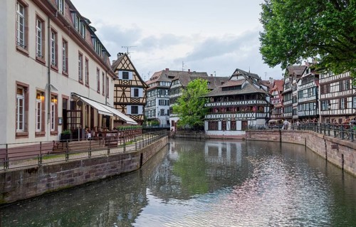 Idyllic waterside impression of Strasbourg, a city at the Alsace region in France
