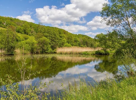 Sunny scenery around Jagst river in Hohenlohe, a district in Southern Germany