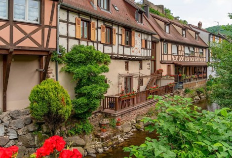 Waterside impression of Kaysersberg, a historical town and former commune in Alsace in northeastern
