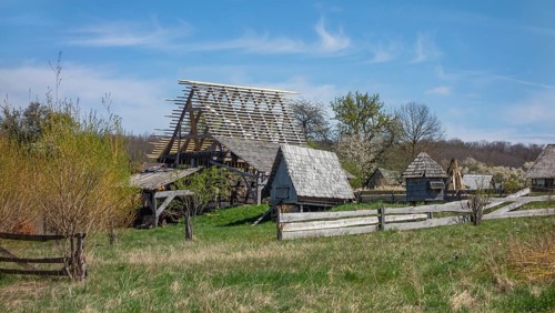 Medieval housing scenery in sunny ambiance at early spring time