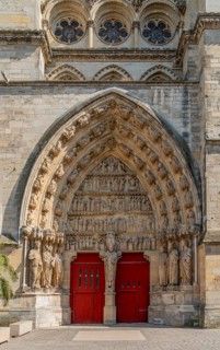 Portal of the north transept at the Reims Cathedral in Reims, the most populous city in the French