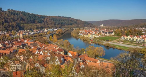 Aerial view of Wertheim, a town in Southern Germany at evening time