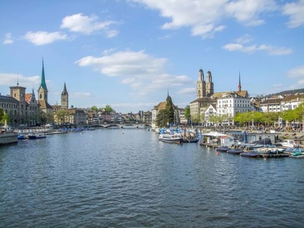 Riparian scenery of Zurich, the largest city in Switzerland