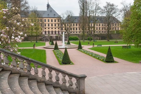 Park around a historic building named Stadtschloss in Fulda, a city in Hesse, Germany