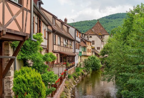 Waterside impression of Kaysersberg, a historical town and former commune in Alsace in northeastern