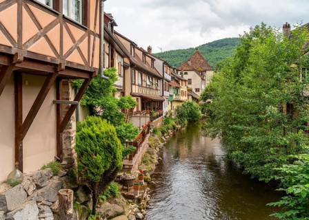 Waterside impression of Kaysersberg, a historical town and former commune in Alsace in northeastern