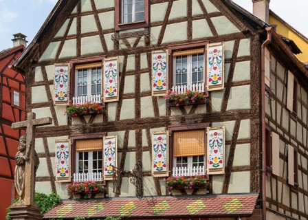 Architectural detail seen in Kaysersberg, a historical town and former commune in Alsace in