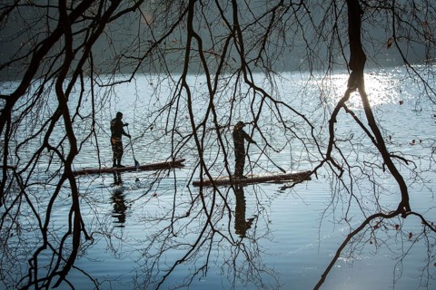 DEU Germany Germany Berlin Standup paddler (SUP) on the Krumme Lanke