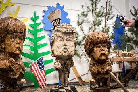 DEU Germany Germany Berlin The busts of U.S. President Donald Trump and Chancellor Angelika Merkel,