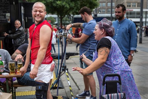 DEU Germany Germany Berlin Bride spanks a stranger's groom's bum during a hen party at