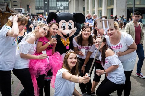 DEU Germany Germany Berlin Selfie with Mickey Mouse actor during a bachelorette party on