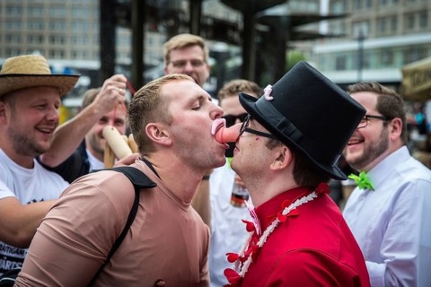 DEU Germany Germany Berlin The grooms of two bachelor parties exchange rituals during their meeting
