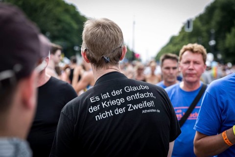 DEU Germany Germany Berlin Man with T-shirt advertising atheists at the CSD