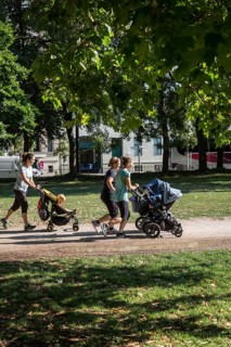 DEU Germany Germany Berlin Jogging mothers with prams in Monbijoupark in Mitte