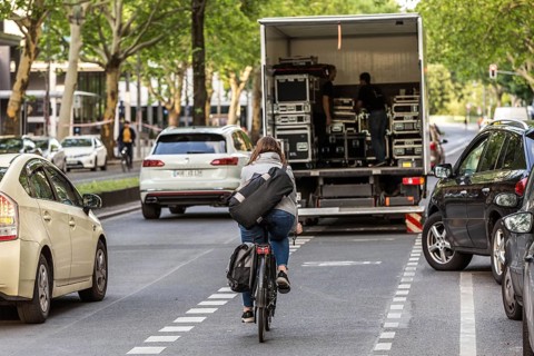 DEU Germany Germany Berlin A cyclist has to avoid a lorry parked in a cycle lane on Budapester