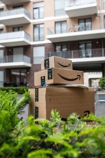 DEU Germany Germany Berlin Parcels from online retailer Amazon are left on a wall in the courtyard