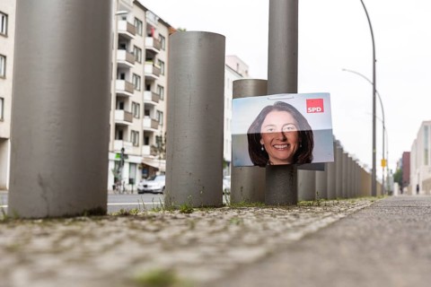 DEU Germany Germany Berlin A scrawled poster of the SPD's lead candidate for the European