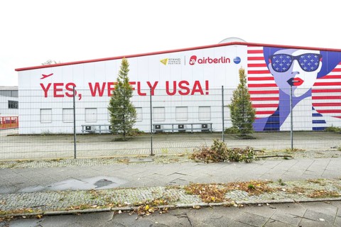 DEU Germany Germany Berlin A closed Air Berlin hangar with graffiti on Saatwinkler Damm. The