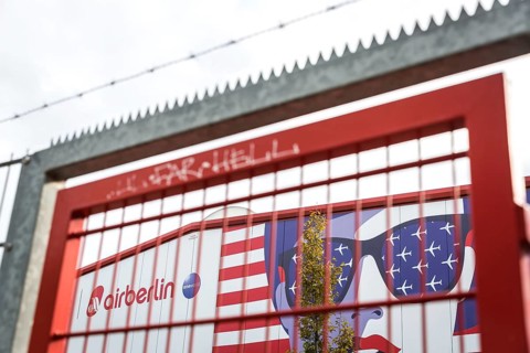 DEU Germany Germany Berlin A closed Air Berlin hangar with graffiti on Saatwinkler Damm. The