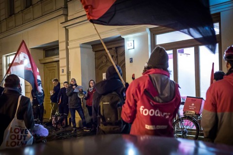 DEU Germany Germany Berlin Foodora bike couriers protest against poor working conditions and