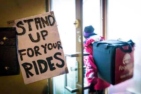 DEU Germany Germany Berlin Foodora bike couriers protest against poor working conditions and