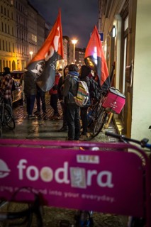 DEU Germany Germany Berlin Foodora bike couriers protest against poor working conditions and