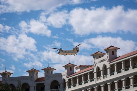 Egypt Hurghada An Egyptian military helicopter flies over a hotel complex