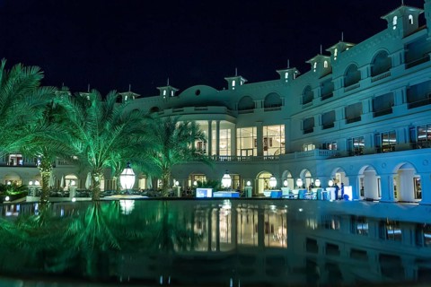 Egypt Hurghada Hotel with reflection in the water of a fountain