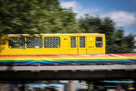 DEU Germany Germany Berlin An underground train arrives at Nollendorfplatz, which is decorated in