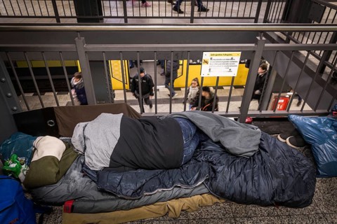 DEU Germany Germany Berlin Homeless people spend the night in a passageway at Lichtenberg