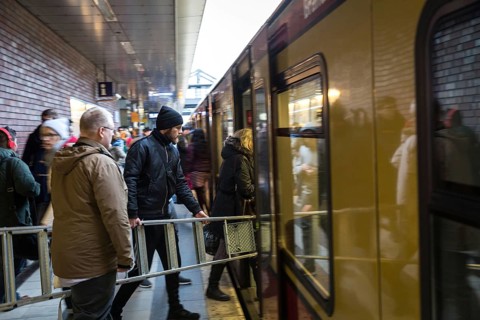 DEU Germany Germany Berlin Scenes in and around the S-Bahn.man travelling with ladder at