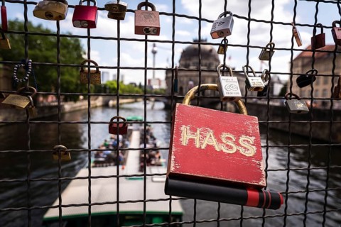 DEU Germany Germany Berlin A castle with the inscription Hass on a bridge near Museum Island, on