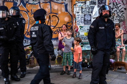 DEU Germany Germany Berlin Scene from Rigaer Straße, where squatters protest against the further