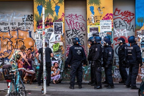DEU Germany Germany Berlin Scene from Rigaer Straße, where squatters protest against the further