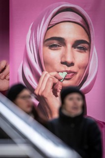 DEU Germany Germany Berlin An advertising banner with a Muslim woman promoting Katjes vegetarian