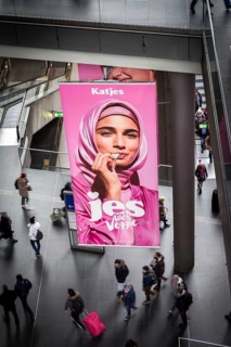 DEU Germany Germany Berlin An advertising banner with a Muslim woman promoting Katjes vegetarian