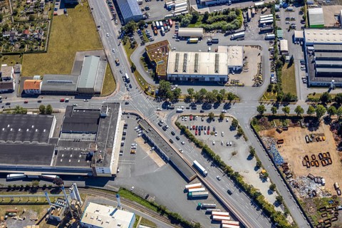 Aerial view, Hammer harbour, intersection of Römerstraße and Radbodstraße, Hamm, Ruhr area, North