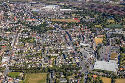 Aerial view, course of Wilhemstraße with new district centre, between former LEZ, now Kaufland in