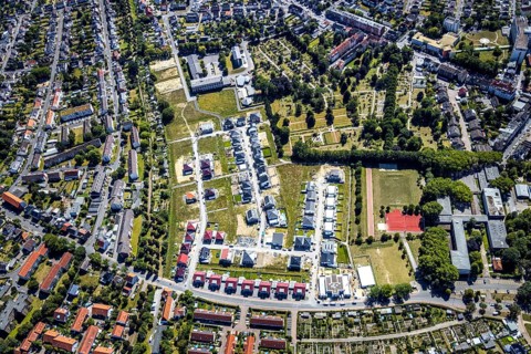 Aerial view, construction area Beisenkamp at Beisenkamp-Gymnasium, Hamm, Ruhr area, North